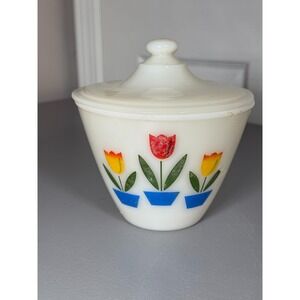 Vintage Fire-King Tulip Milk Glass Grease Jar with Lid 1950's MCM Kitchenware 2
